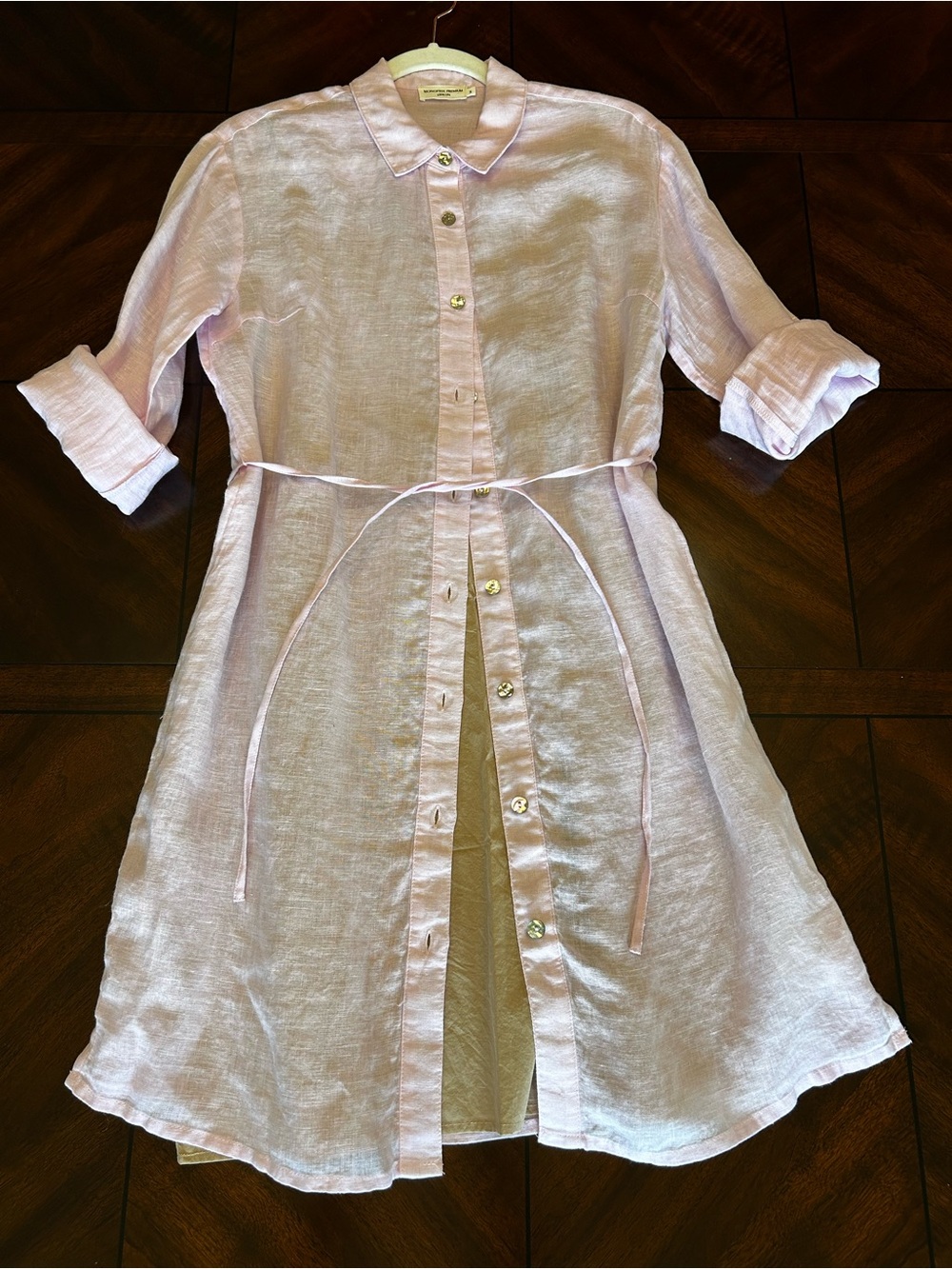 Light Pink Linen Shirt Dress with Tie Waist